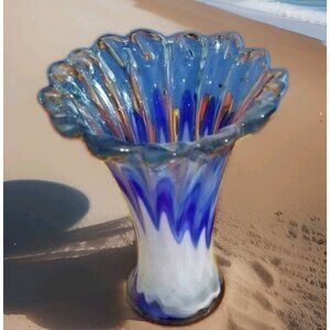 Vintage Italian Murano Blue Ocean Splash  Wave Art Glass Swung Vase Flared